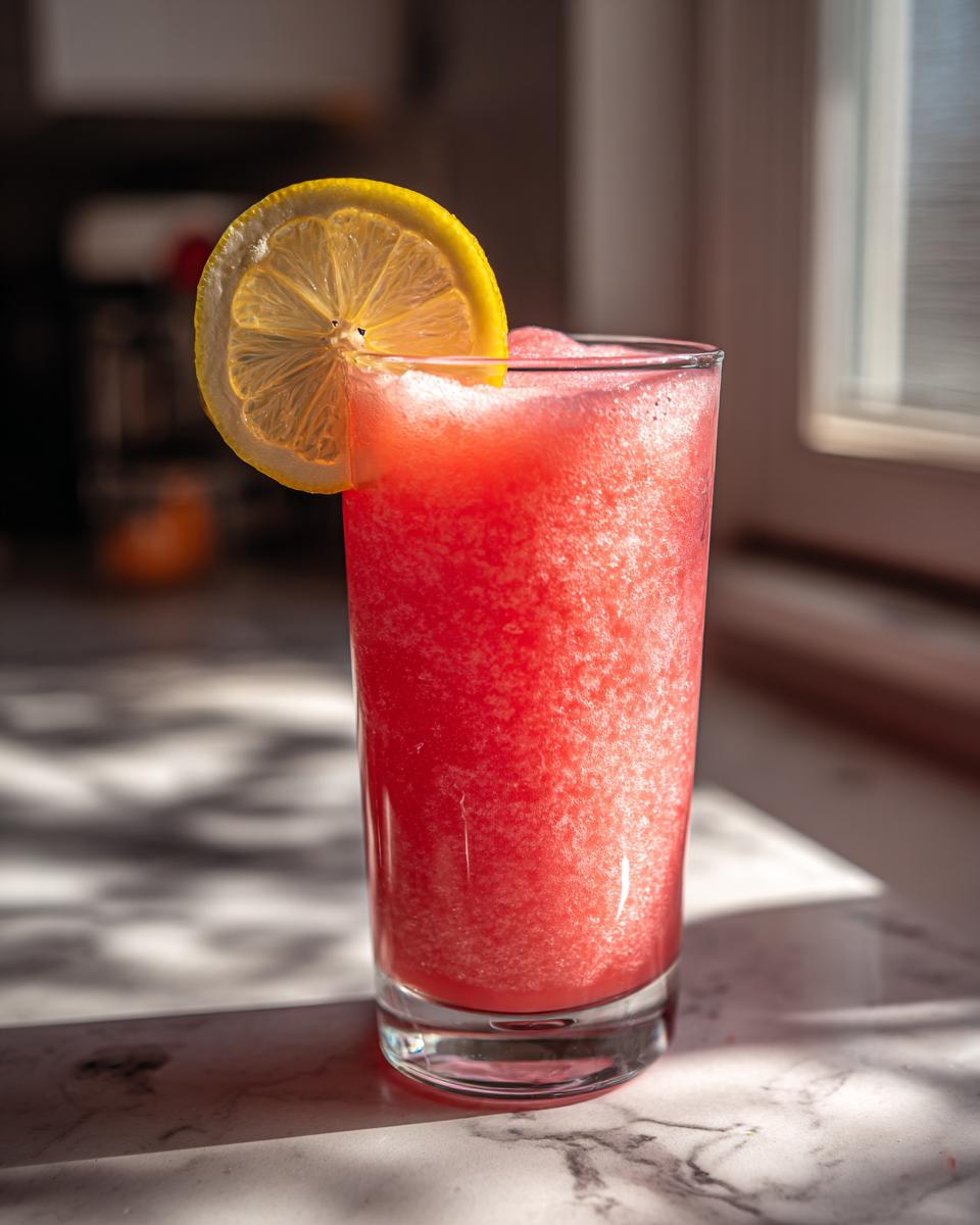 A refreshing watermelon recipe with frozen lemonade, garnished with a lemon slice.