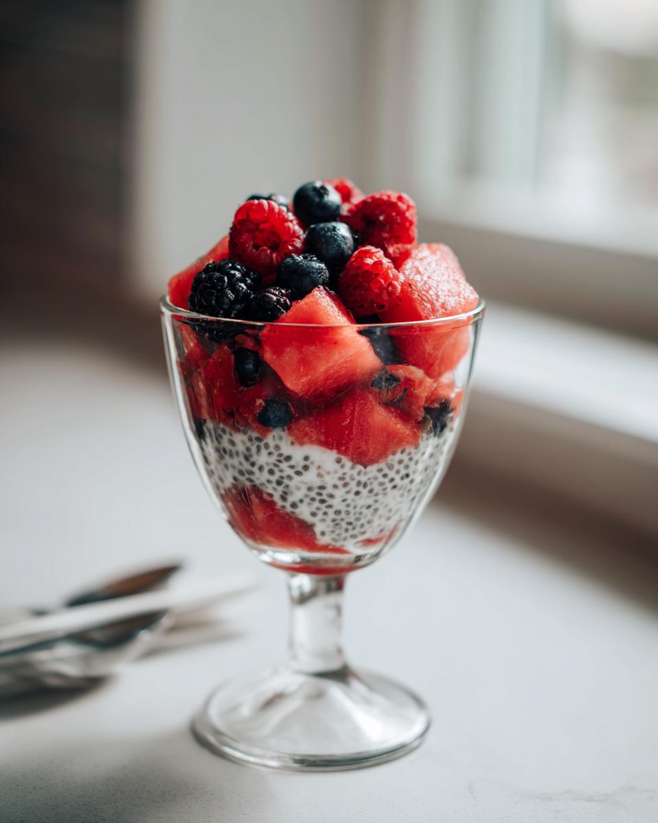 A refreshing chia parfait layered with watermelon and mixed berries in a clear glass.