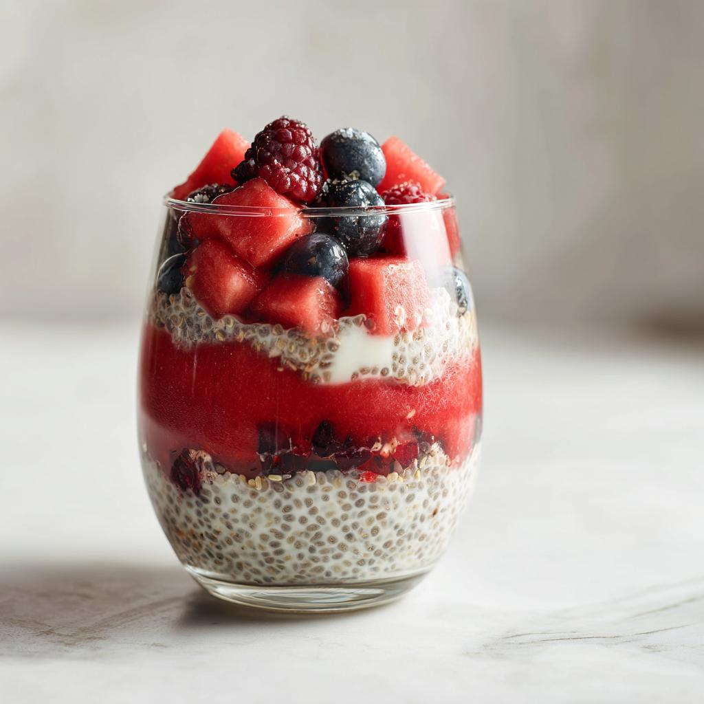 A layered chia parfait with watermelon, berries, and yogurt in a glass.