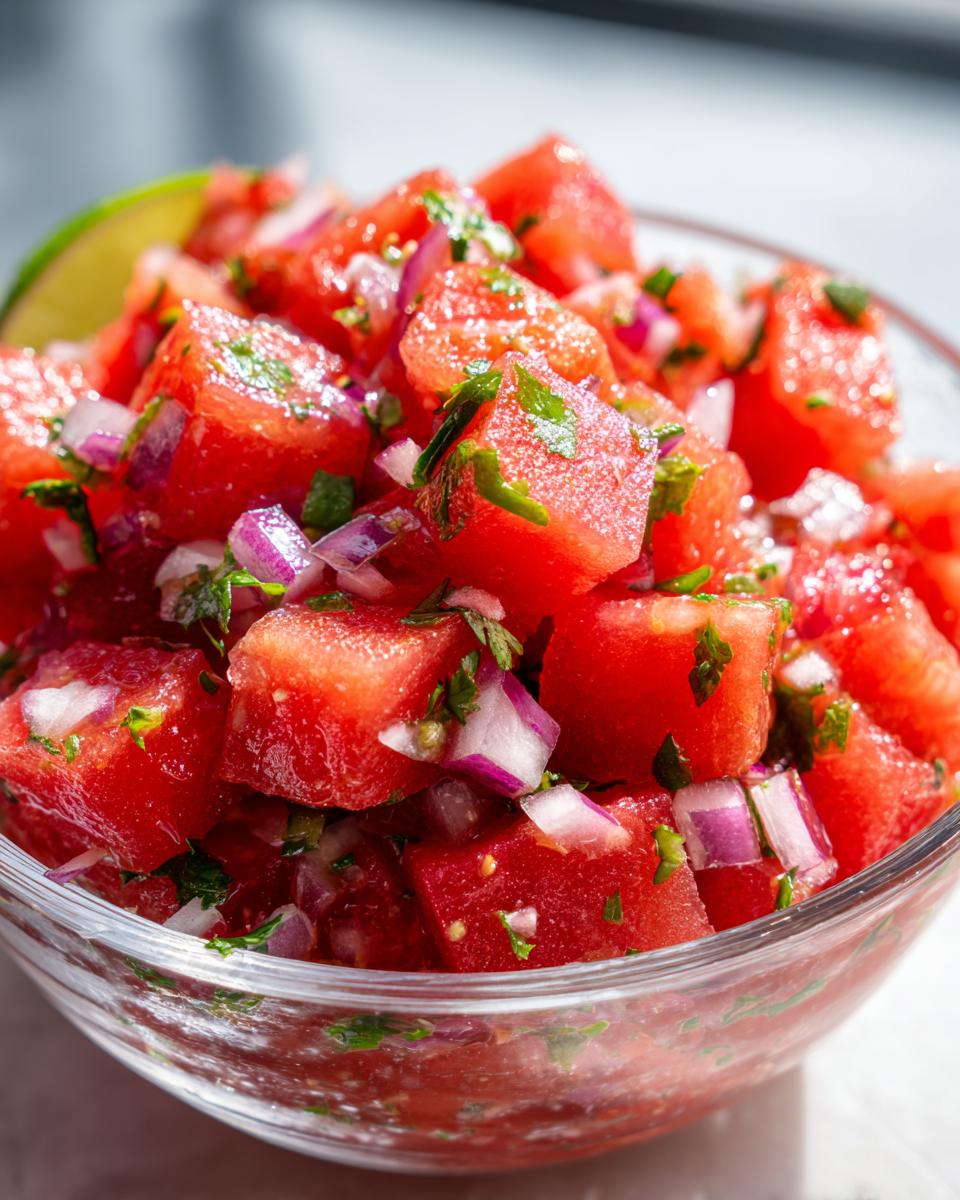 Close-up of a clear bowl filled with fresh watermelon salsa, featuring diced watermelon, red onion, and cilantro, with a lime wedge on the side.