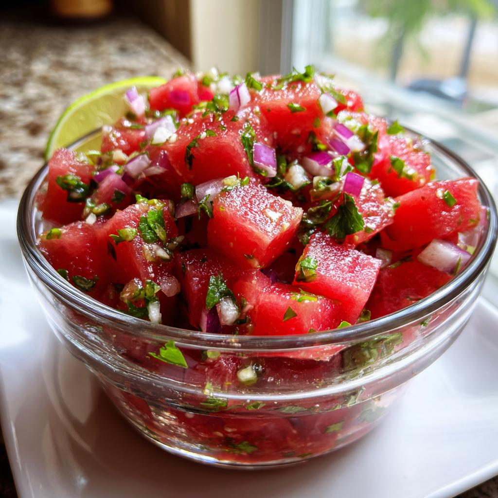A clear bowl filled with refreshing watermelon salsa, featuring diced watermelon, red onion, cilantro, and a lime wedge.