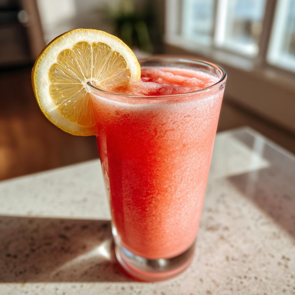A refreshing glass of watermelon and frozen lemonade, garnished with a lemon slice, perfect for poolside sipping.