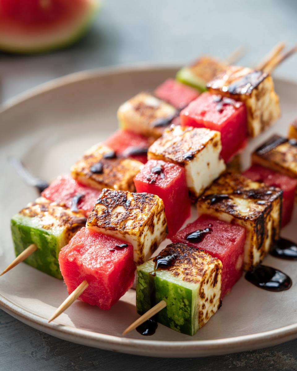 Close-up of grilled watermelon skewers with cubes of halloumi cheese, drizzled with balsamic glaze.