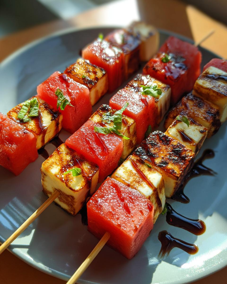 Close-up of grilled halloumi cheese and watermelon cubes on skewers, drizzled with balsamic glaze.