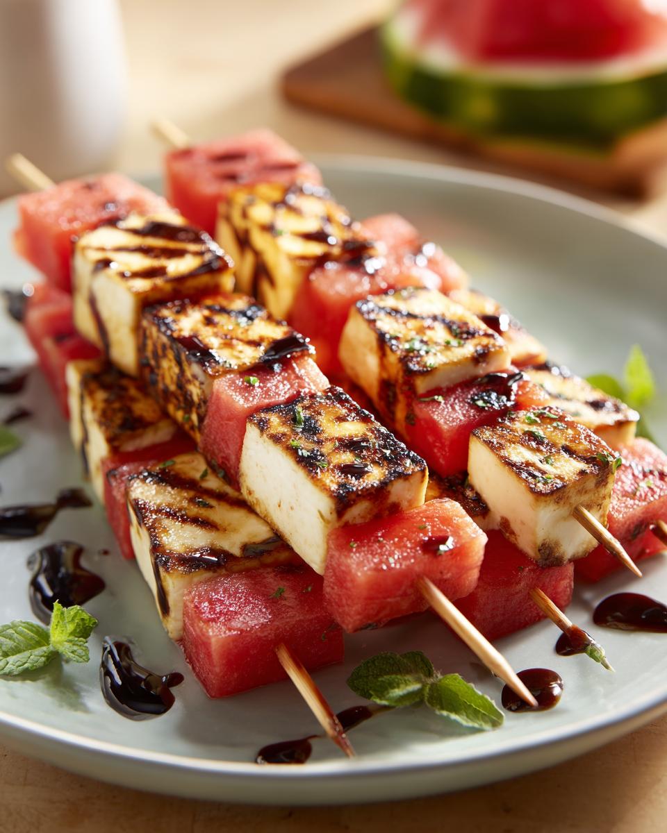 Close-up of grilled halloumi cheese and watermelon skewers drizzled with balsamic glaze.