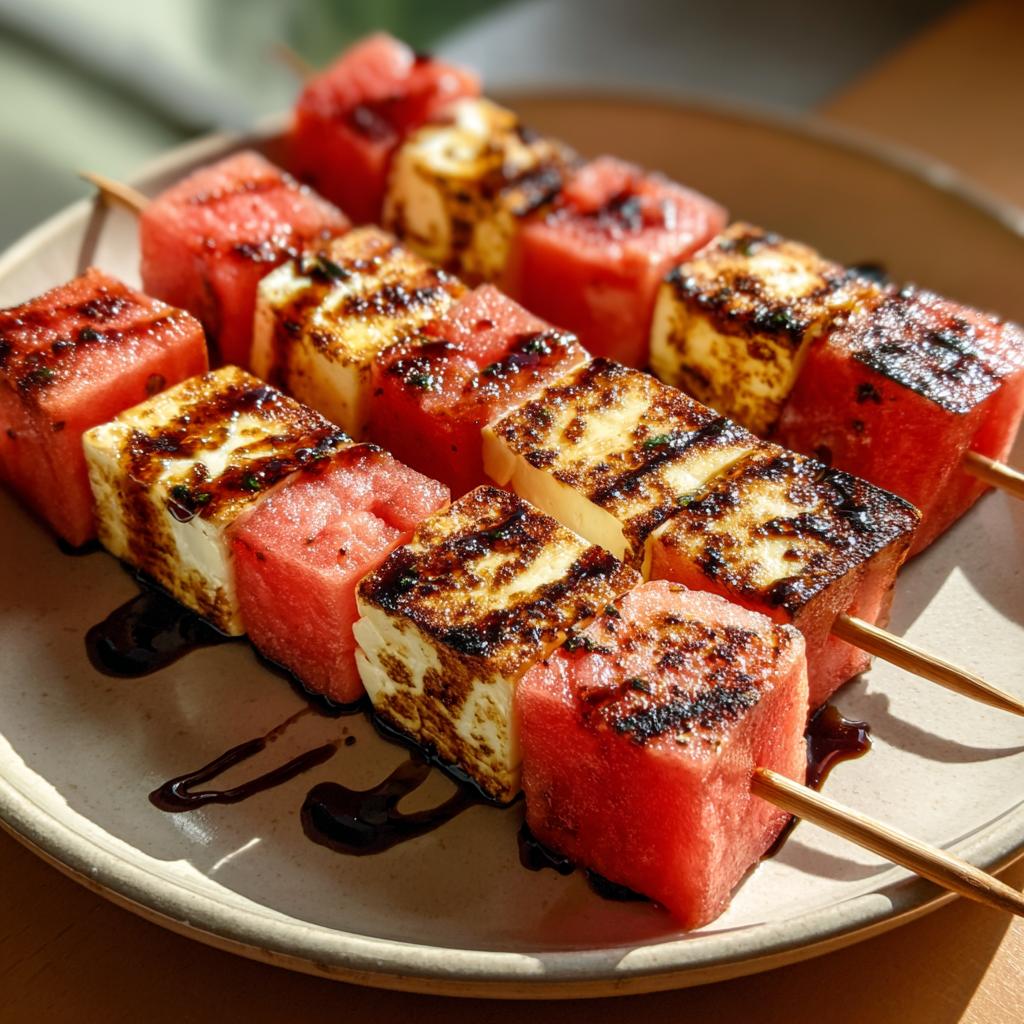 Close-up of grilled watermelon and halloumi cheese skewers drizzled with balsamic glaze.