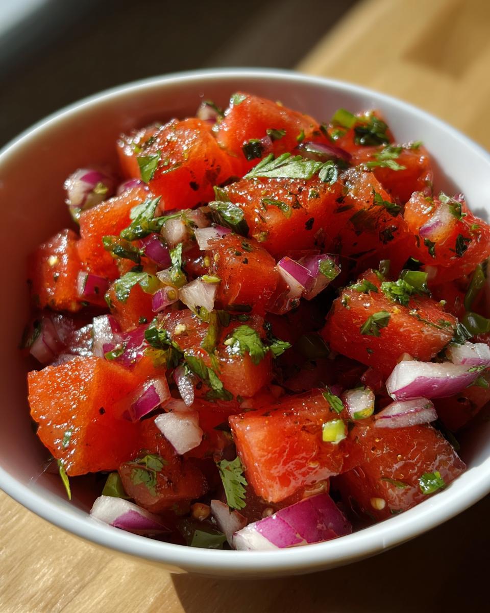 Close-up of a bowl filled with fresh watermelon salsa, featuring diced watermelon, red onion, and cilantro.