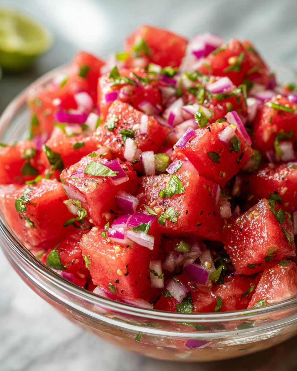 Close-up of a glass bowl filled with fresh watermelon salsa, featuring diced watermelon, red onion, cilantro, and jalapeño.