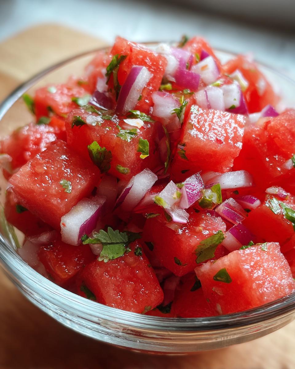 Close-up of a glass bowl filled with fresh watermelon salsa, featuring diced watermelon, red onion, and cilantro.
