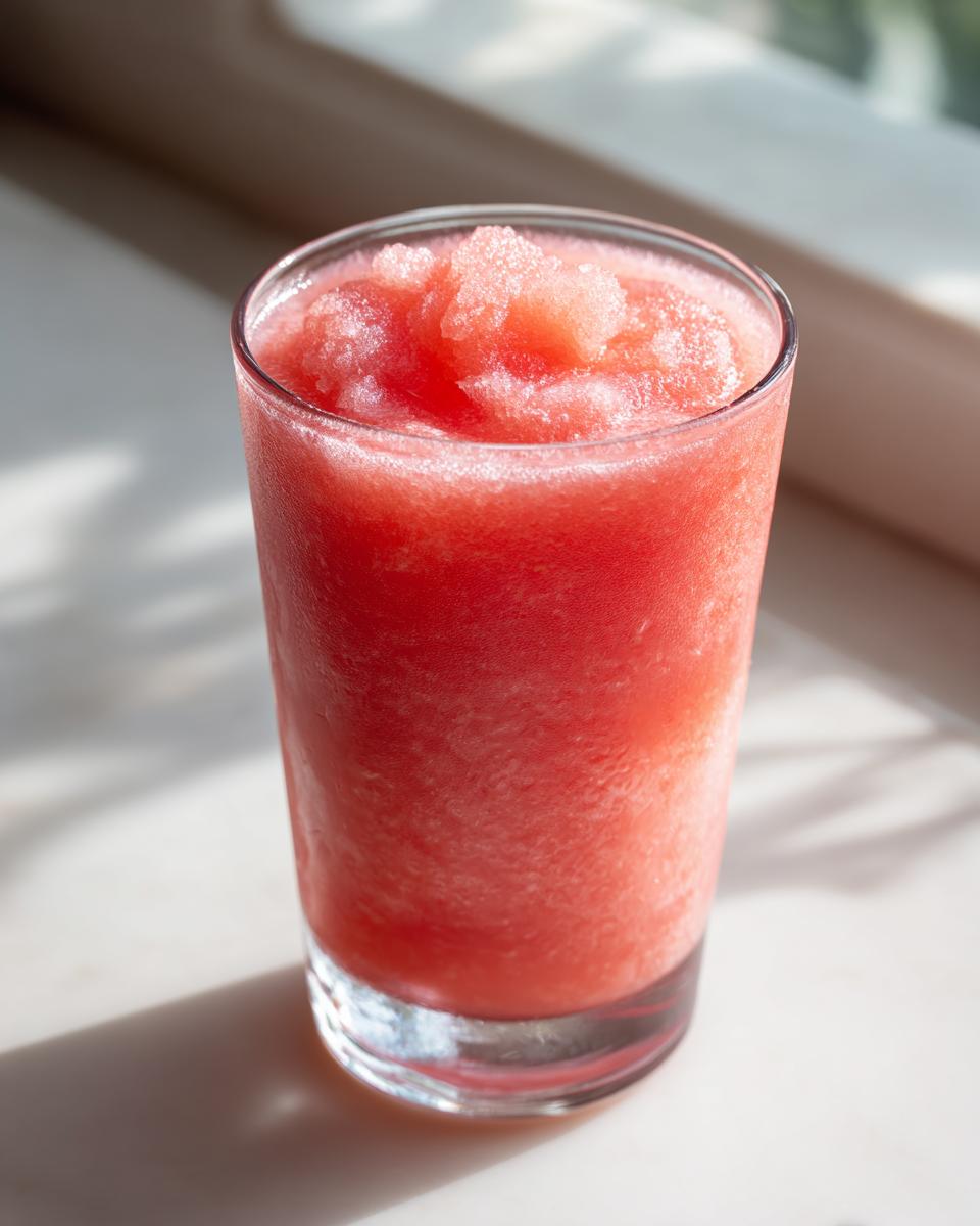 A tall glass filled with a vibrant pink, icy watermelon slushy drink, perfect for hot summer days.