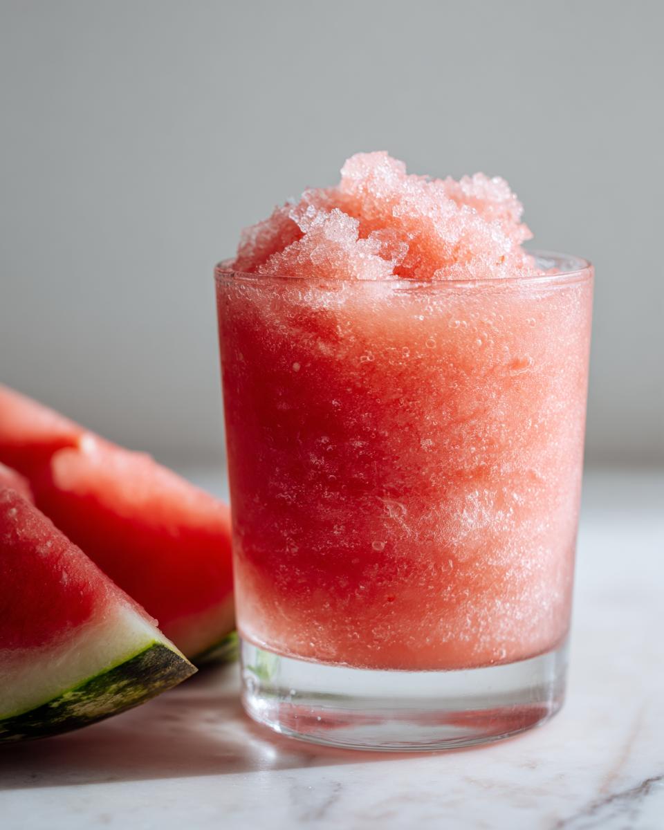 A tall glass filled with a frosty watermelon slushy drink, with fresh watermelon slices on the side.