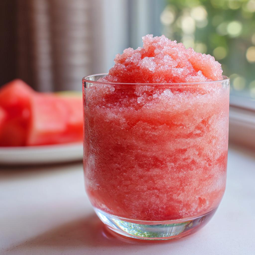 A close-up of a frosty watermelon slushy drink in a glass, with watermelon slices blurred in the background.