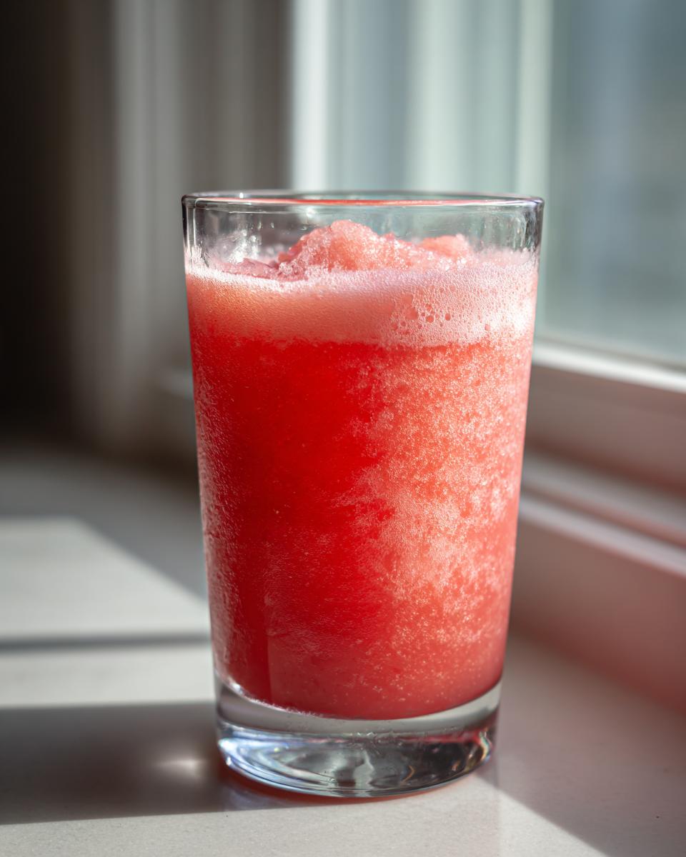 A tall glass filled with a vibrant red watermelon slushy drink, topped with foam, in natural light.