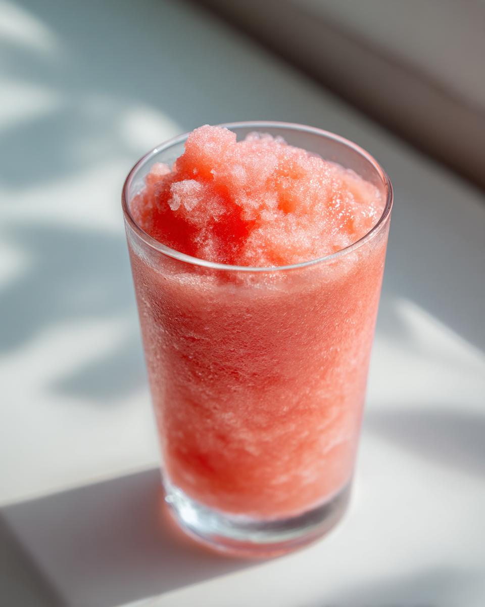 A tall glass filled with a vibrant pink, icy watermelon slushy drink, perfect for hot summer days.