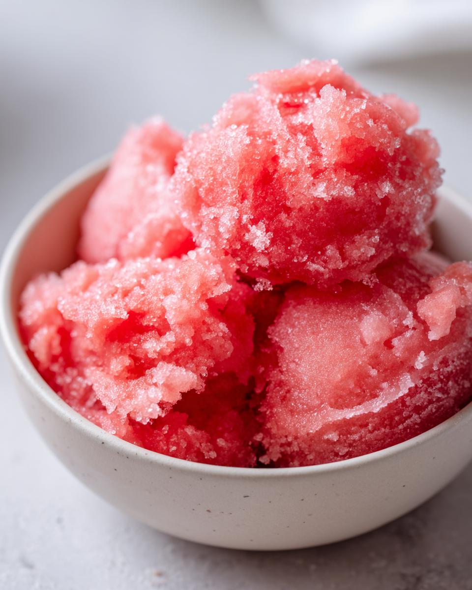 A close-up of a bowl filled with refreshing watermelon sorbet, made with only a few ingredients.