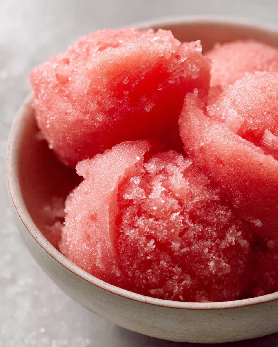 Close-up of a bowl filled with vibrant pink watermelon sorbet, showcasing its icy texture.