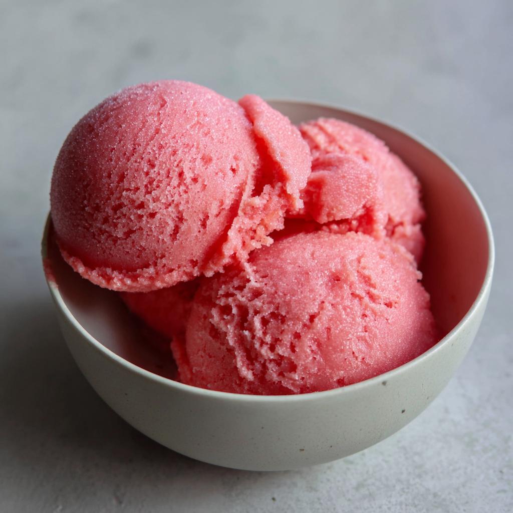 Three scoops of bright pink watermelon sorbet in a light grey bowl, showcasing its icy texture.
