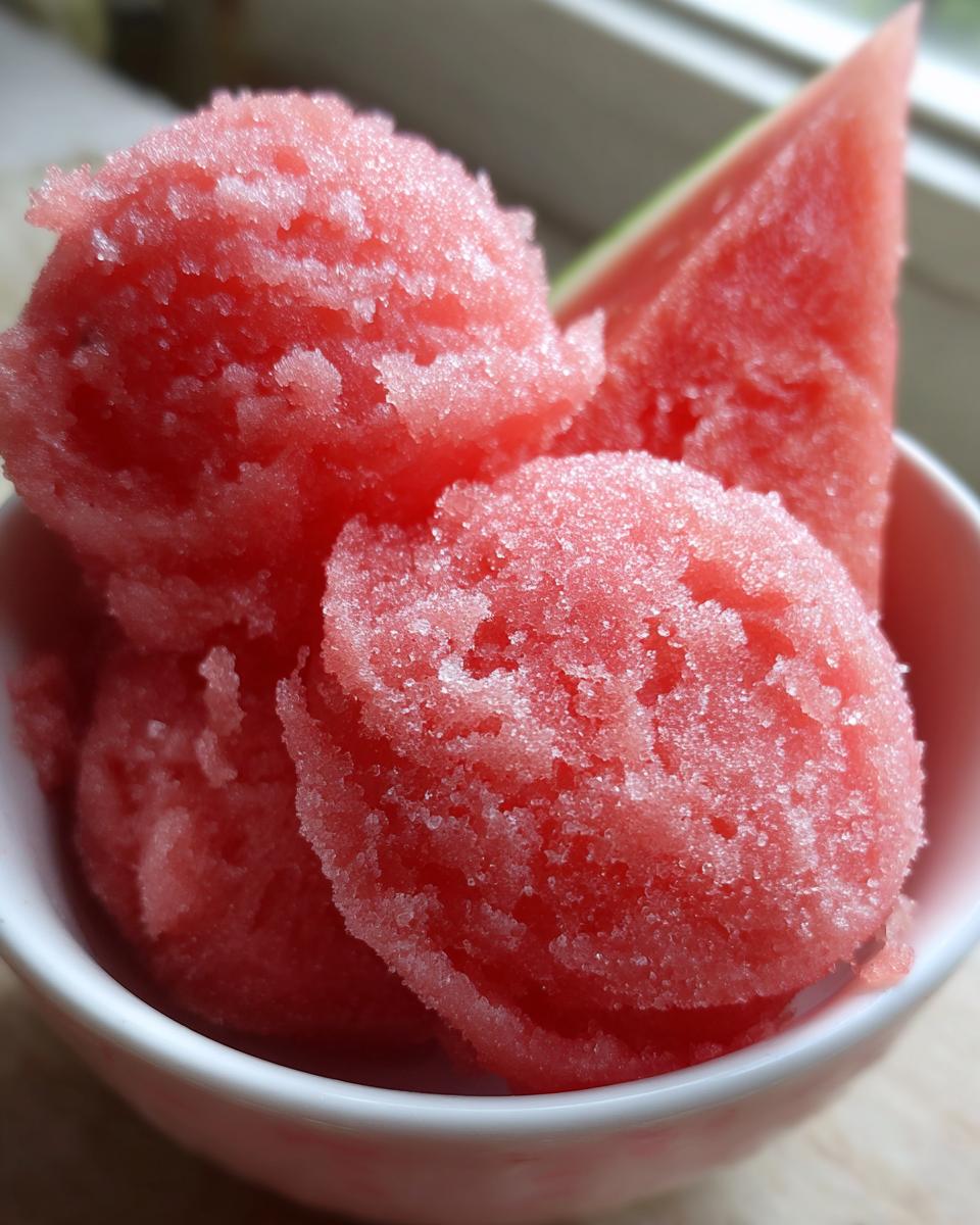 A bowl filled with scoops of pink watermelon sorbet and a slice of fresh watermelon.