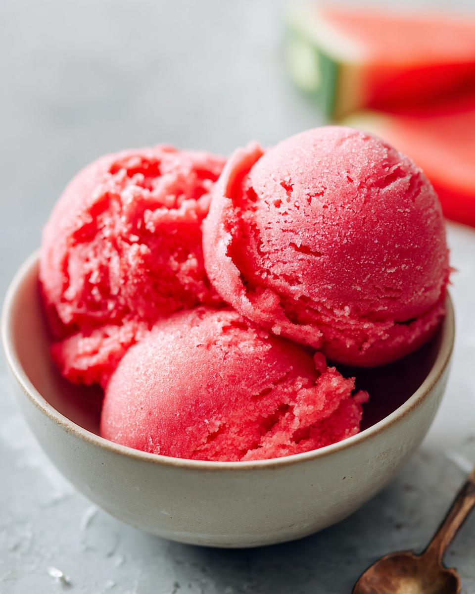 Three scoops of vibrant pink watermelon sorbet in a bowl, with watermelon slices blurred in the background.